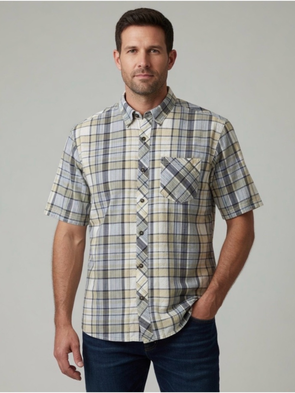 RedHead Mens Yellow &  Gray Plaid Short Sleeve Button Down Shirt Large